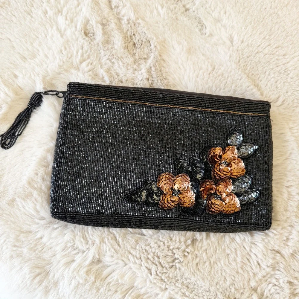 Vintage Black Beaded Clutch Evening Bag with‎ Floral Sequins Tassel